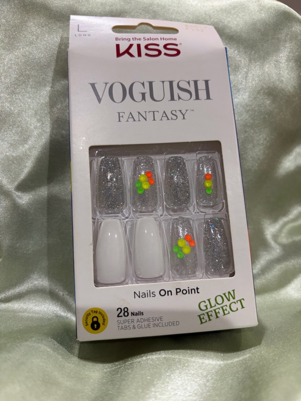Kiss Voguish Fantasy Silver Glitter, White & Neon Dot Glow Press-On Nails-Long